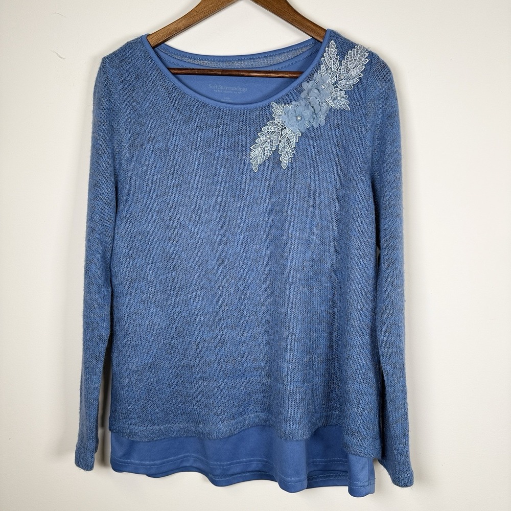 Women's Soft Surroundings Shirt Lined Softer Sweater Embellished Blue Size Large